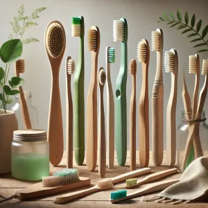 Différents modèles de brosses à dents écologiques en bambou et matériaux compostables, posés sur une table en bois.