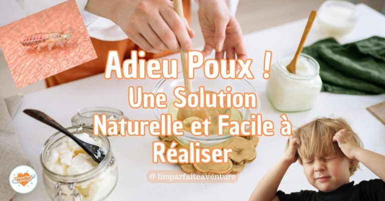 Préparation d’un remède anti-poux naturel à base d’huiles végétales, avec un enfant se grattant la tête et une image de poux en gros plan.