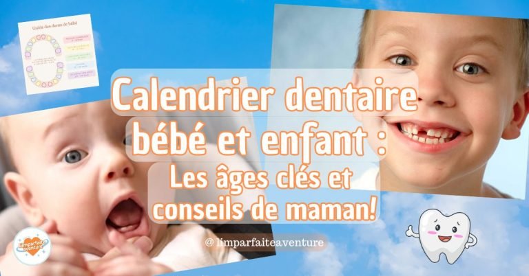Image de l’article sur le calendrier dentaire bébé et enfant avec photo d’un bébé, d’un enfant et texte informatif.