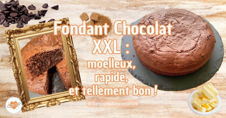Fondant au chocolat XXL sur fond bois avec pépites, sucre et beurre – recette facile