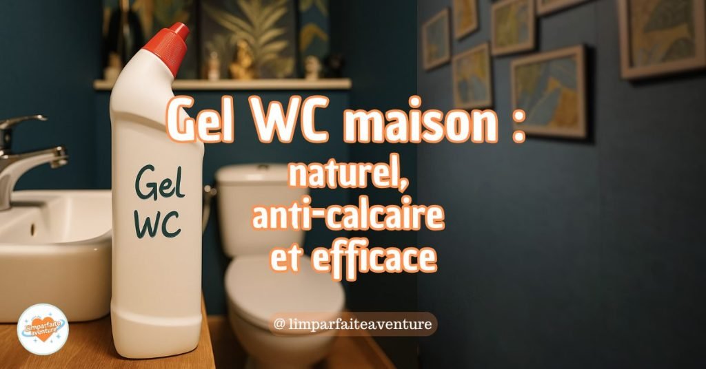 Flacon de gel WC maison fait main, posé dans des toilettes, avec inscription manuscrite Gel WC – recette naturelle anti-calcaire et désinfectante