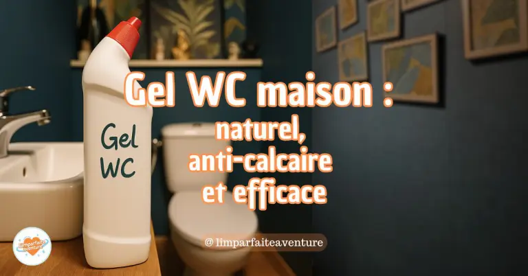 Flacon de gel WC maison fait main, posĂ© dans des toilettes, avec inscription manuscrite Gel WC â recette naturelle anti-calcaire et dĂ©sinfectante