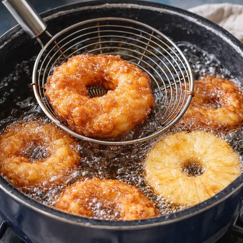 Beignets pommes et ananas en train de frire dans une casserole d’huile avec une passoire araignée.